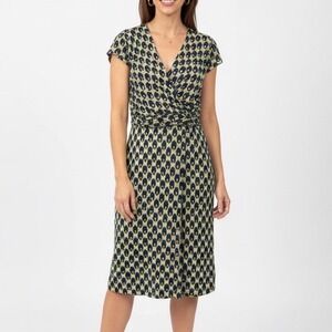 Boden Floaty Jersey Dress 12R Moss Bud Green Lyocell Lined‎ Peacock Pattern